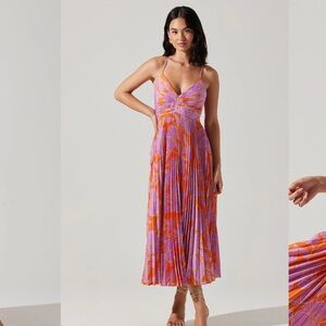 Astr Pink and Orange Pleated Midi Sundress